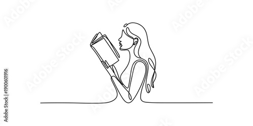 Continuous one line drawing of A person engrossed in reading a book sitting comfortably on a surface