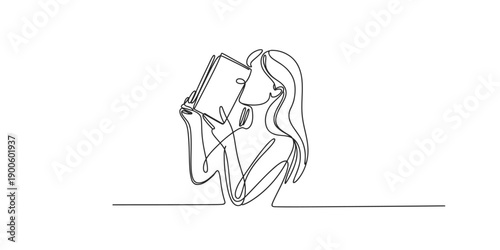 Continuous one line drawing of Person reading a book while sitting in a relaxed pose on a couch