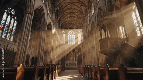 Stunning Cathedral Interior with Sunlight Streaming Through Windows and Arches.