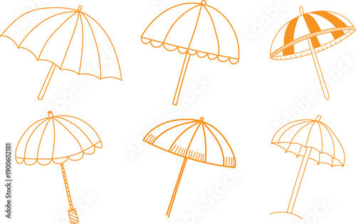 Collection of six simple outlined beach umbrella icons against a white background
