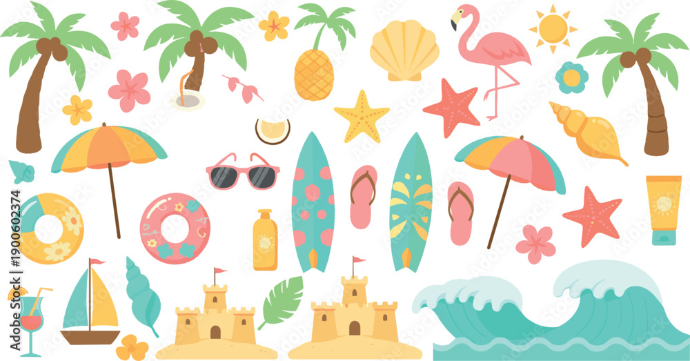 Fototapeta premium Cute Summer Beach Illustration Set with Tropical Elements, Palm Trees, Flamingo, Surfboards, Seashells, Sandcastles, Waves, and Vacation Icons