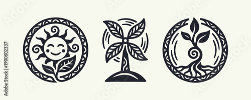 Stylized Folk Eco Icons Set: Sun, Windmill, and Sprouting Plant