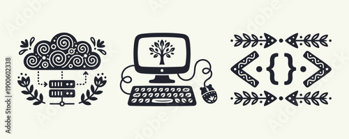 Folk Technology and Coding Symbols Vector Set