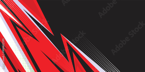 Abstract Racing Graphic Background with Red and Black Shapes. Dynamic Sports Livery Vector Design. Modern Speed Pattern with Halftone Dots for Automotive Wrap, E-sports Gaming, and Branding.