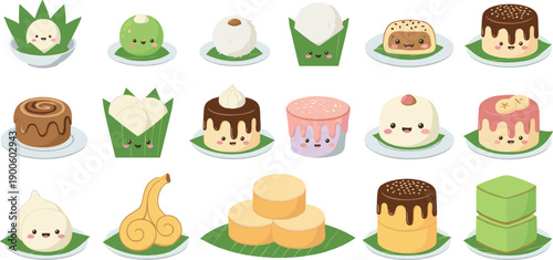 Cute traditional Asian desserts and sweets set, adorable rice cakes and pastries, delicious confectionery food icons, colorful flat vector illustration collection