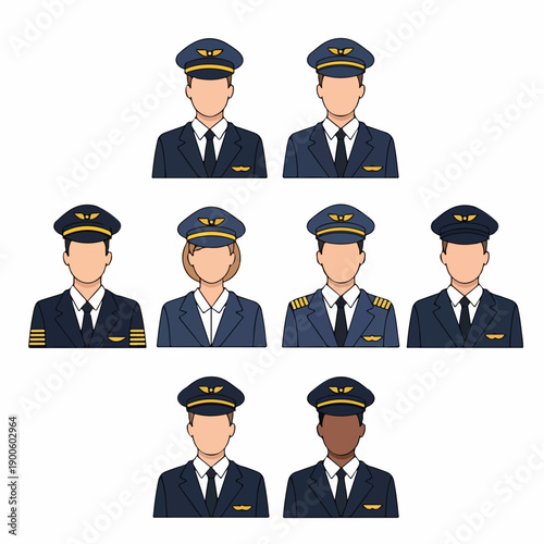 Diverse Airline Pilot Icons Set: Professional Avatars of Captains, First Officers, Male and Female Crew Members in Uniform.