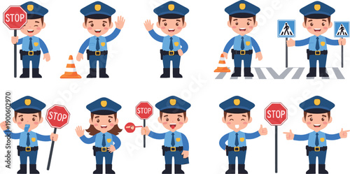 Cute traffic police officer character set with stop signs and road safety actions, friendly cartoon policeman, transportation and safety concept, colorful flat vector illustration