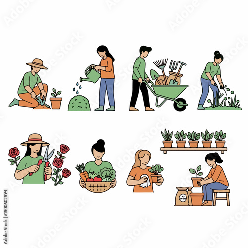 Flat design set illustrating people engaged in home gardening, farming, planting, harvesting, and landscaping activities.