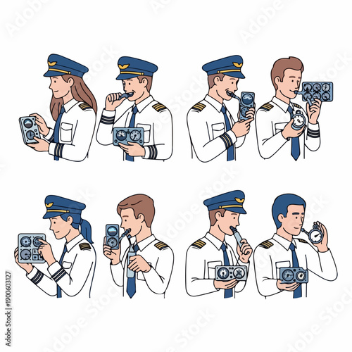 Collection of cartoon pilots performing pre-flight safety checks, holding instruments, breathalyzers, and gauges in uniform on a white background.
