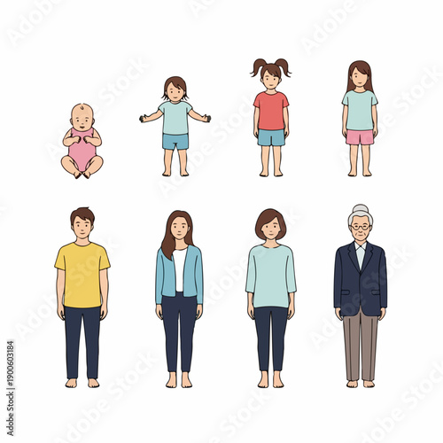 Human life stages illustration: vector characters depicting the aging process from infancy (baby) to childhood, adulthood, and elderly senior age.
