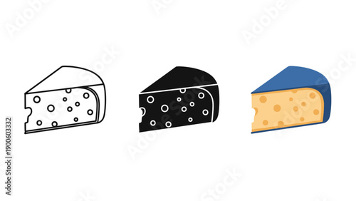 A set of three cheese wedges in different drawing styles Vector