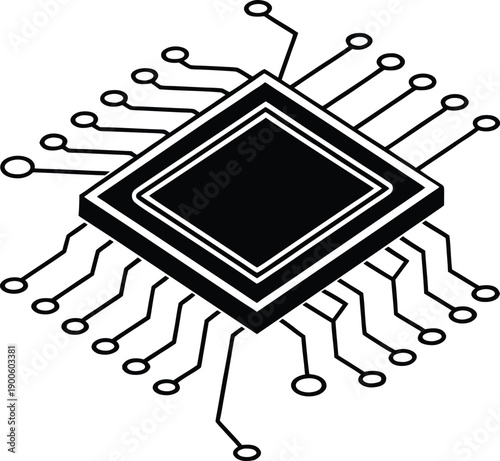 Angled Black Microprocessor Chip with Radiating Circuits