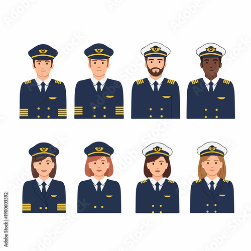Diverse group of professional airline pilots and captains, including men and women of different ethnicities, represented in flat vector avatars.