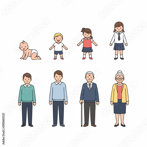 Vector line art illustration of the human life cycle showing different age stages: baby, child, young adult, and senior people.