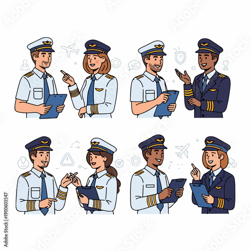 Diverse cartoon set of professional airline pilots and co-pilots communicating, wearing uniforms and caps, ready for flight duty or pre-flight briefing.