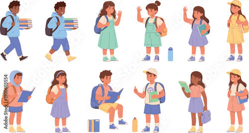 Diverse school students walking, studying and carrying backpacks, kids learning together, modern education and school life concept, colorful flat vector illustration set