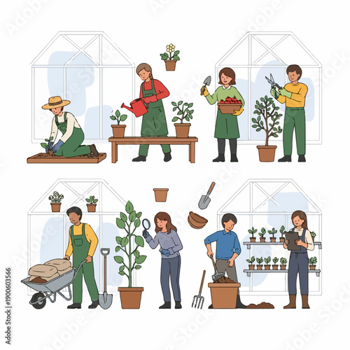 Group of people engaged in gardening and horticulture tasks inside greenhouses, including planting, watering, and pruning, symbolizing agricultural work and teamwork.
