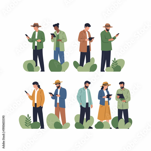 Diverse Group of Modern People Outdoors Using Digital Devices, Tablets, and Smartphones While Standing Among Foliage.