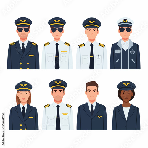 Diverse group of commercial pilots and aviation professionals in uniform, including male and female captains and officers, avatars set on a white background.