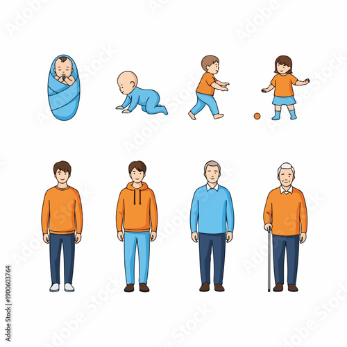 Stages of Human Life Cycle: Vector Illustration of Development from Newborn Baby to Crawling Infant, Child, Young Adult, Middle Age, and Elderly Senior.
