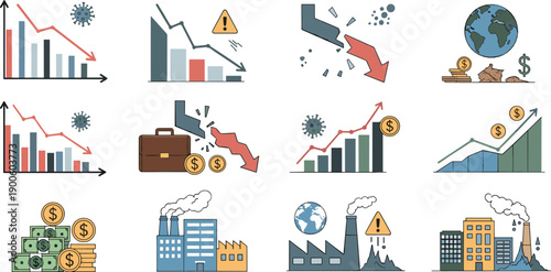 Economic crisis and financial downturn icon set with charts, factories, money and warning symbols, flat vector illustration for business, finance and global economy design