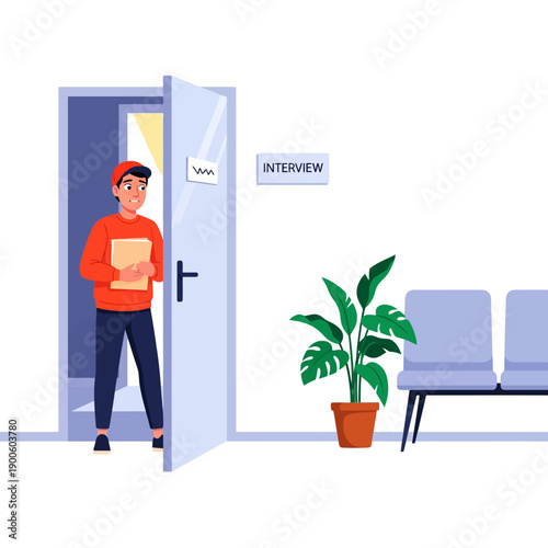 Young man in casual clothes holding documents, nervously stands at an open interview room door