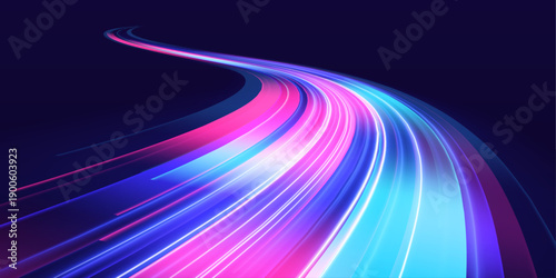 Flowing bright blue-pink streaks race along the urban road, creating glowing curved trails. Motion blur and neon glow emphasize acceleration and futuristic motion. Perfect for digital or racing visual