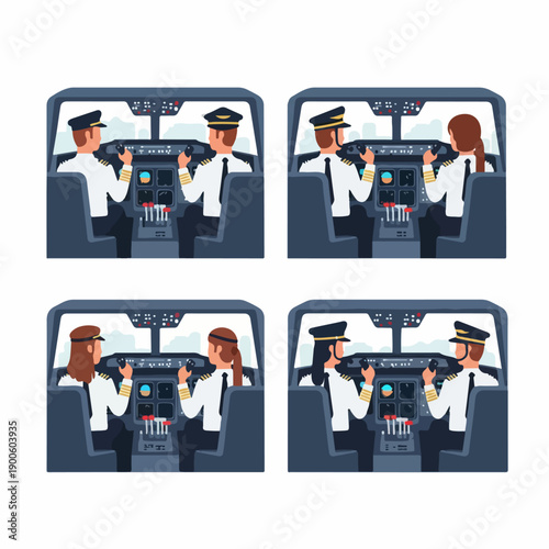 Diverse Airline Pilots in Cockpit Operating Controls: Set of Four Illustrations Featuring Male and Female Flight Crew Members.