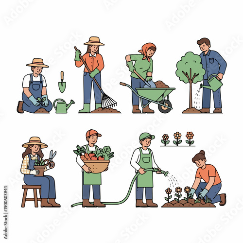 Diverse group of people engaged in gardening, illustrating essential spring and summer farming activities like planting, watering, harvesting, and yard work.