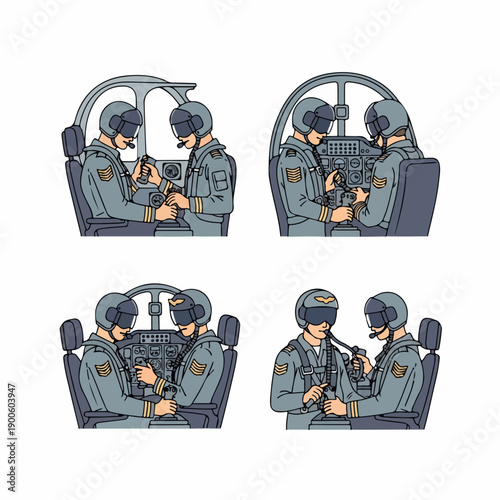 Four scenes of military or commercial pilots and co-pilots operating aircraft controls inside the cockpit, professional aviation crew illustration set.