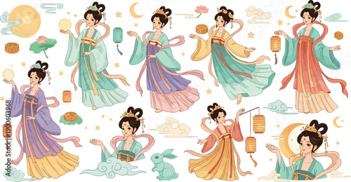 Elegant Chinese Goddess Illustration Set with Ancient Women in Flowing Hanfu Dresses, Moon, Lanterns, Clouds, and Mythical Fantasy Elements