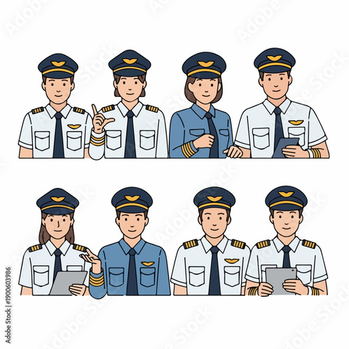 Diverse set of male and female airline pilots and captains wearing uniforms, presenting professional aviation career avatars and characters on a white background.