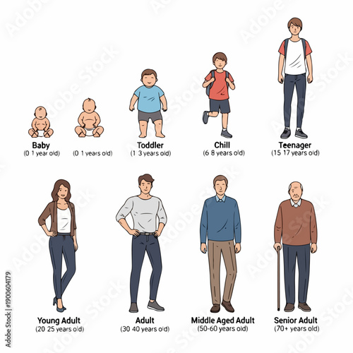 Eight stages of human development, showing the progression of age and life cycle from baby and toddler to teenager, adult, and senior.