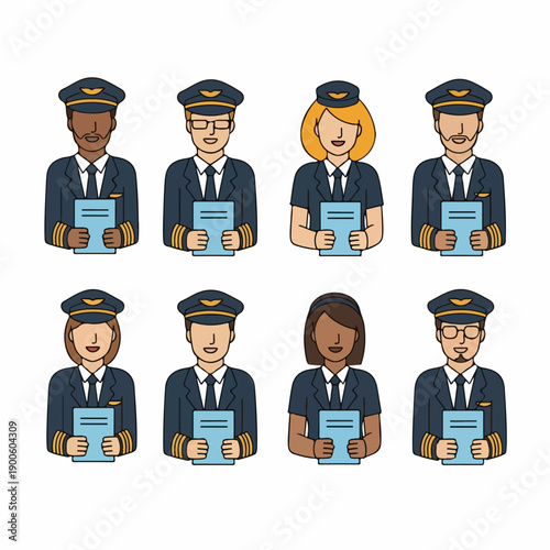Diverse airline pilot avatars set in uniform holding flight logs, flat line illustration style.