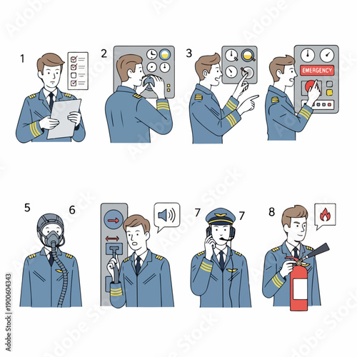 Aviation Safety and Emergency Procedures Sequence Illustration: Pilot checking checklists, communicating, operating controls, wearing an oxygen mask, and using a fire extinguisher.