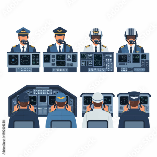 Pilots and Flight Crew in Cockpit Control Panels Vector Set: Front and Back View Avatars for Aviation Professionals.