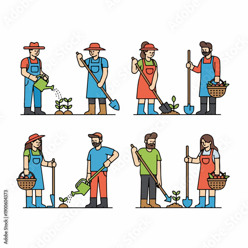 Vector illustration set of diverse farmers and gardeners working, planting, harvesting, and watering small plants.