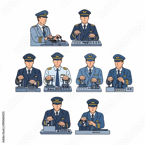 Set of eight stylized illustrations showing airline pilots in uniform operating various cockpit throttle controls, isolated for professional design.