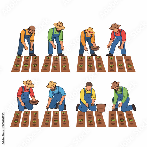 Group of farmers sowing seeds, planting, and cultivating crops in soil beds, illustrating the agricultural gardening process.