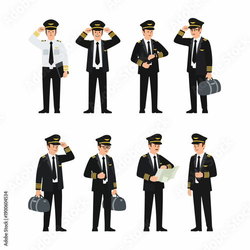 Eight vector illustrations of professional airline pilots in uniform performing various actions like saluting, checking time, and carrying luggage, isolated on white.