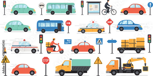Flat Urban Traffic Illustration Set with Cars, Buses, Trucks, Cyclists, Road Signs, Signals, and City Transportation Elements