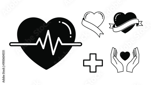 Professional medical heart pulse icon set for clinical cardiology monitoring and healthcare business insurance branding resources.