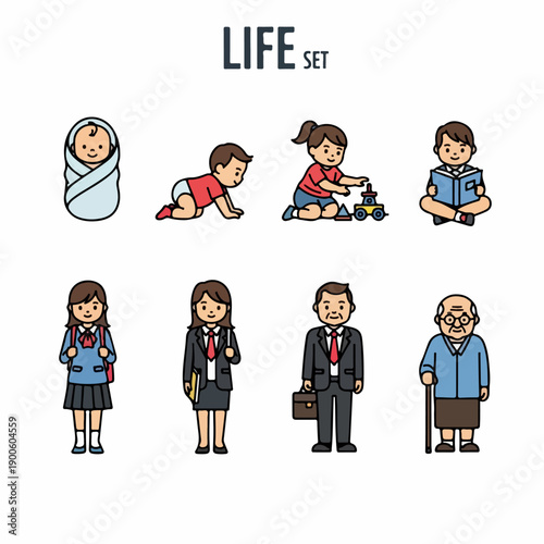 Eight vector icons illustrating the stages of human life and aging process, from newborn infant and childhood to adulthood and senior citizen.
