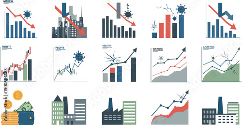 Global economic impact and business performance icon set with charts, cities, growth and decline trends, flat vector illustration for finance, analytics and market design