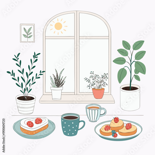 A serene breakfast scene with plants, pancakes, and coffee by the window on a sunny morning