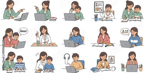 Mother helping child study at home with laptop and books, homeschooling and online learning support, family education and parenting concept, clean flat vector illustration set