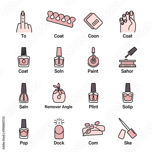 Collection of nail care icons depicting various manicure and pedicure elements.
