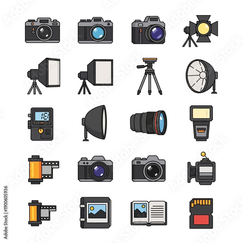 Collection of Photography Equipment and Accessories in Flat Vector Style.