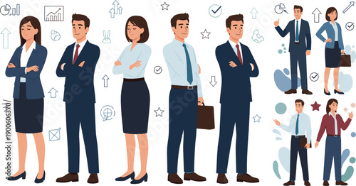 Professional business people character set with men and women in formal outfits, corporate teamwork poses, flat vector illustration for office and marketing design