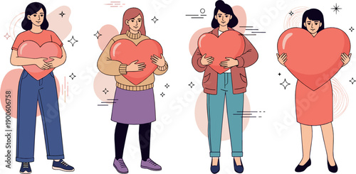 Women holding heart symbols character set expressing love, care and kindness, emotional flat vector illustration for Valentine, self love, wellness and relationship design